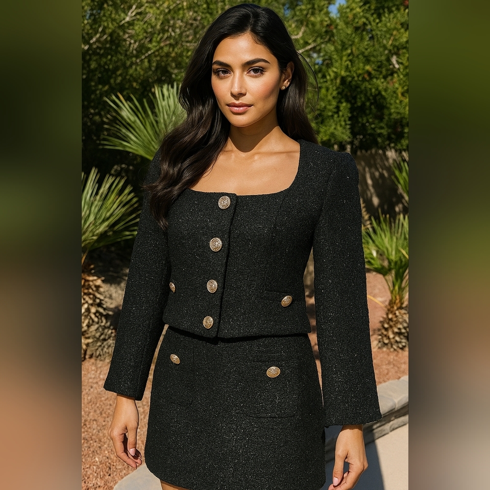 Elegant Black Tweed Jacket & Skirt Set with Gold Buttons